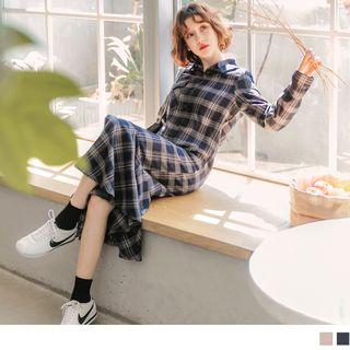 Ruffled Hem Long Sleeve Plaid Midi Shirtdress