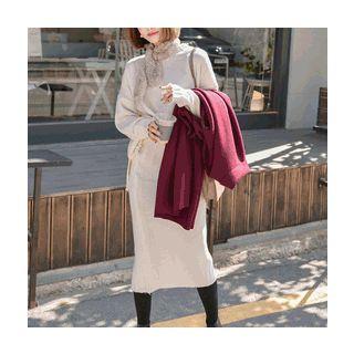 Set: Round-neck Slit-side Knit Top + Band-waist Slit-back Skirt