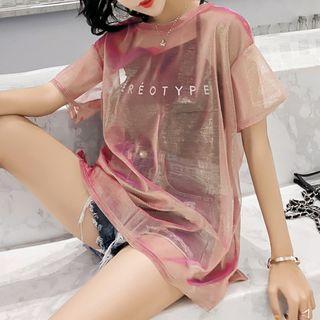 Set: Spaghetti Strap Knit Top + Elbow-sleeve Mesh T-shirt