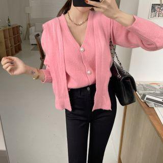 Faux-pearl Fluffy Cardigan With Scarf
