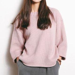 Elbow-sleeve Round-neck Sweater Black - One Size