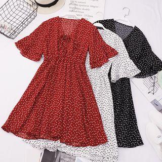 Elbow-sleeve Heart Patterned A-line Midi Dress