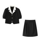 Puff Sleeve Color Block Blazer/ High Waist Pleated A-line Skirt