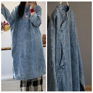 Long-sleeve Frog Buttoned Denim Midi Dress