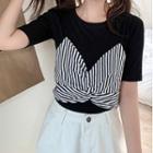 Short Sleeve Striped Panel Mock Two Piece Top