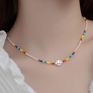 Smiley Rainbow Bead Sterling Silver Necklace Silver Smiley - Red & Yellow & Green & Blue - One Size