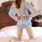 Balloon-sleeve Ruffled Lace-up Back Swimsuit