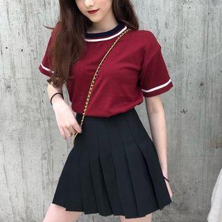 Set: Short-sleeve Top + Pleated Mini A-line Skirt