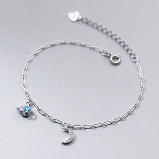 Moon & Star Rhinestone Sterling Silver Bracelet S925 Silver - Bracelet - Silver - One Size