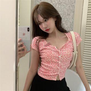 Short-sleeve Leopard Printed Top Pink - One Size