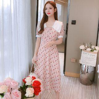 Short-sleeve Wide Collar Floral Print A-line Dress