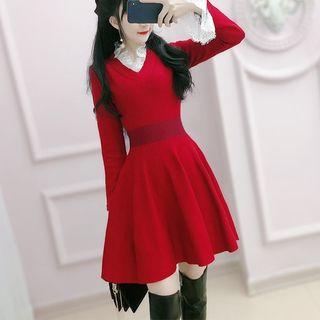 Long-sleeve Lace-trim Mini A-line Knit Dress