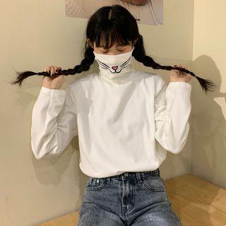 Cat Print Turtleneck Long-sleeve T-shirt