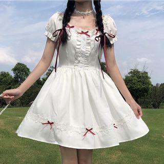 Puff-sleeve Ribbon Mini A-line Dress White - One Size