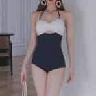 Halter-neck Two-tone Cutout-back Swimsuit