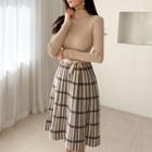 Mock Neck Long-sleeve Plaid Midi Knit Dress Almond - One Size