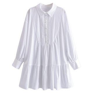 Puff-sleeve Pintuck Shirred A-line Dress