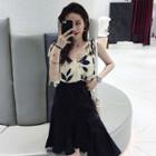 V-neck Printed Camisole Top / Ruffle Hem A-line Skirt