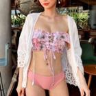 Flower Print Lace Up Off-shoulder Tankini