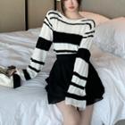 Long-sleeve Striped Knit Top / Pleated Skirt