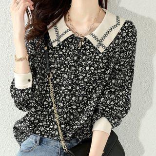 Long-sleeve Square Neck Plain Panel Floral Shirt