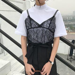 Set: Mock-neck T-shirt + Lace Camisole Top