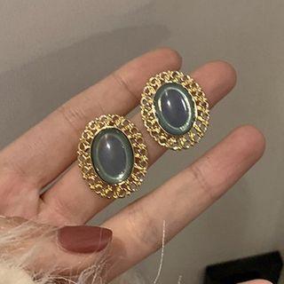 Oval Faux Crystal Earring 1 Pair - Gold & Blue - One Size