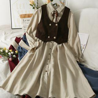 Set: Double-breasted Vest + Tie-neckline Midi Shirtdress