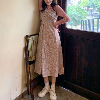 Drawstring Long-sleeve T-shirt / Flower Print Spaghetti Strap Midi A-line Dress