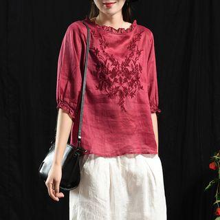 Elbow-sleeve Frill Trim Embroidered Top