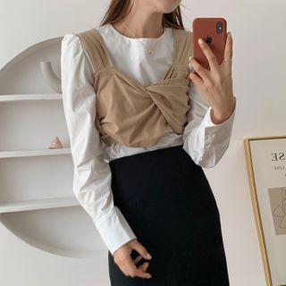 Set: Plain Blouse + Vest Set Of 2 - As Shown In Figure - One Size
