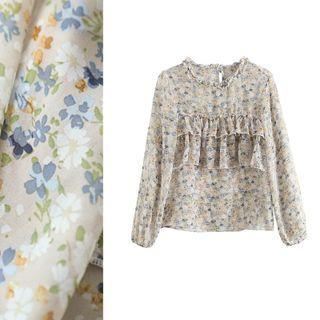 Ruffled Elbow-sleeve Floral Print Blouse