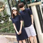 Couple Matching Short-sleeve Striped Trim Polo Shirt / Dress