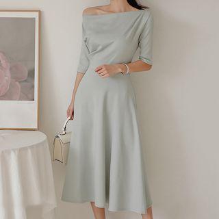 Elbow-sleeve Asymmetric Off Shoulder A-line Midi Dress