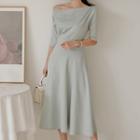 Elbow-sleeve Asymmetric Off Shoulder A-line Midi Dress