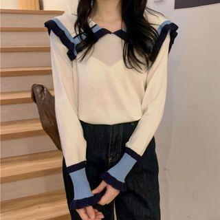 Contrast Trim Lapel Long-sleeve Knit Top