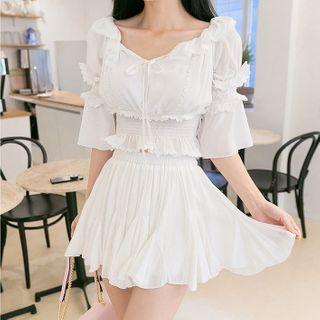 Set: Off-shoulder Ruffled Cropped Top + Skirt
