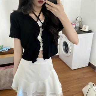 Short-sleeve Ruffled Trim Plain Knit Cardigan