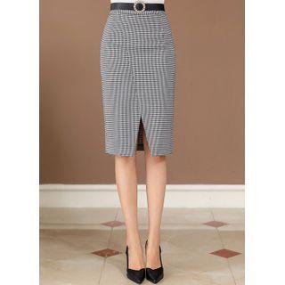 Plain / Check Wrap-front Midi Pencil Skirt
