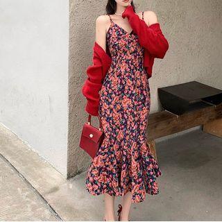 Floral Strappy Midi Sheath Dress / Cardigan