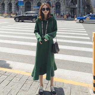 Ruffle Hem Hooded Long-sleeve Midi Dress