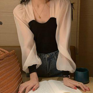 Puff-sleeve Two-tone Blouse Black & Light Almond - One Size