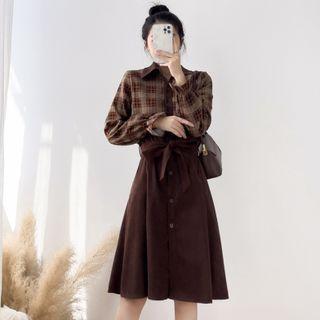 Plaid Panel Mock Two Piece Shirtdress