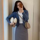Cropped Cardigan / Plain Straight-fit Skirt / Set
