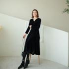 Surplice-wrap Velvet Long Dress Black - One Size