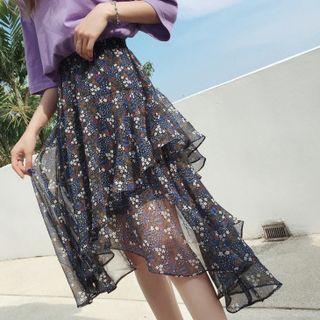 Elbow-sleeve Tie-back T-shirt / Floral Print Asymmetrical A-line Skirt