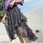 Elbow-sleeve Tie-back T-shirt / Floral Print Asymmetrical A-line Skirt