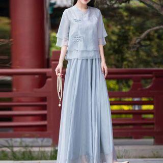 Hanfu Set: Elbow-sleeve Top + Midi Skirt