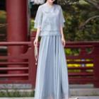 Hanfu Set: Elbow-sleeve Top + Midi Skirt