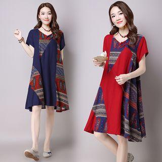 Patterned Panel Short-sleeve Dress